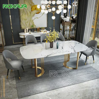 Elegantný Jedálenský Stôl Mramoru Top Gold Nehrdzavejúcej Ocele Humanized Dizajn Reštaurácia Hotel Home Veľký Priestor Jedálenský Stôl Nastaviť