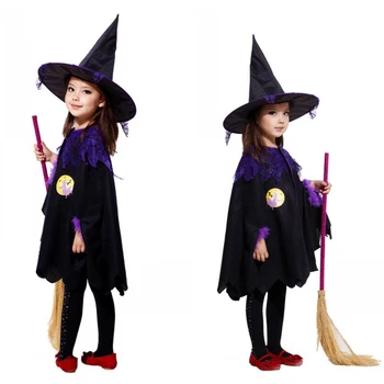 Halloween Roztomilý Gotická Čierna Čarodejnica, Cosplay Plášť s Klobúk pre Dievčatá Karneval Školy Strany Fantázie Zamaskovať Mesiac Čarodejnice Bat Tlač