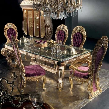 Luxusné Starožitné Európskej Masívneho Dreva Ručne Vyrezávaný Jedálenský Set 8 Osoby, Jedálenský Stôl a Stoličky, bytový Nábytok